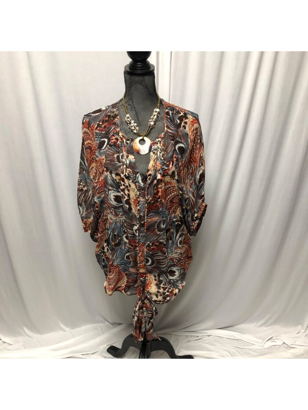 Buffalo Jeans Top Womens Size Medium Peacock Print Dolman Sleeve Sheer Blouse